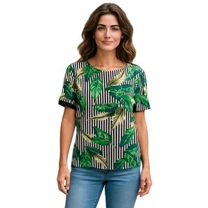 Faith and Joy top ruffle cap sleeve candy stripes black white green leaves sz L